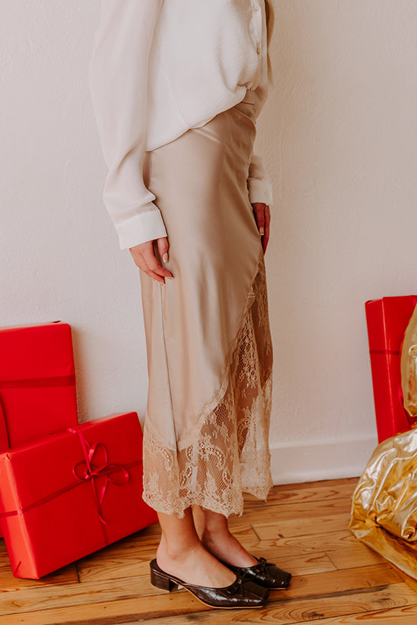 Femme Fatale High Waist Satin Lace Midi Skirt in Beige