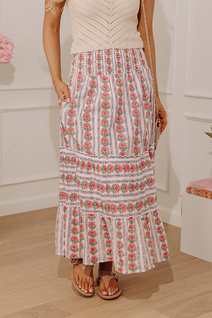 Countryside Muse High Waist Floral Midi Skirt in Pink