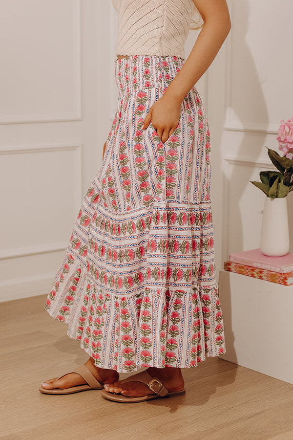 Countryside Muse High Waist Floral Midi Skirt in Pink