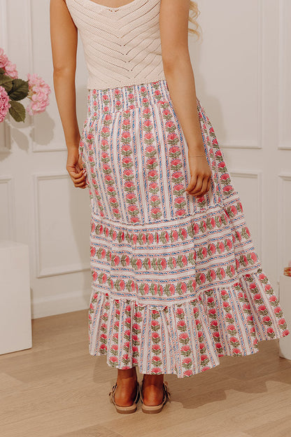 Countryside Muse High Waist Floral Midi Skirt in Pink