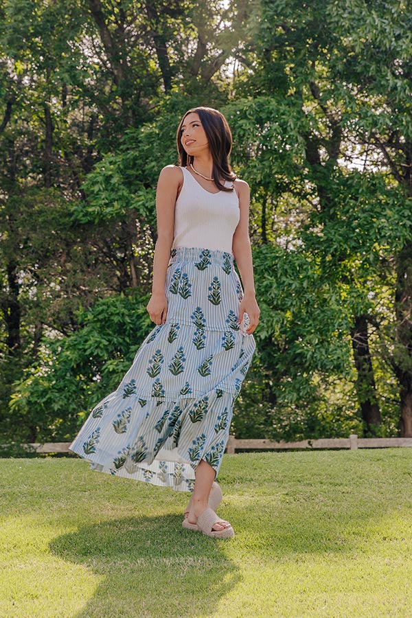 Boho Energy High Waist Floral Midi Skirt in Light Blue