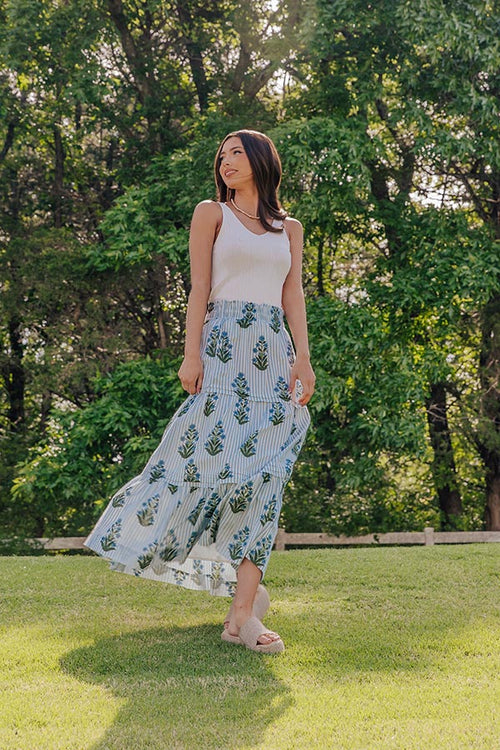 Boho Energy High Waist Floral Midi Skirt in Light Blue