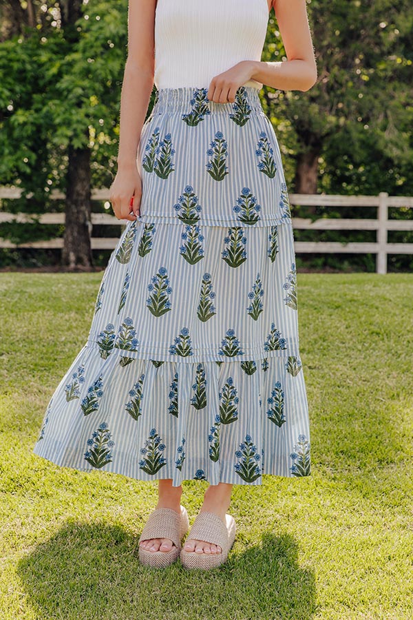Boho Energy High Waist Floral Midi Skirt in Light Blue