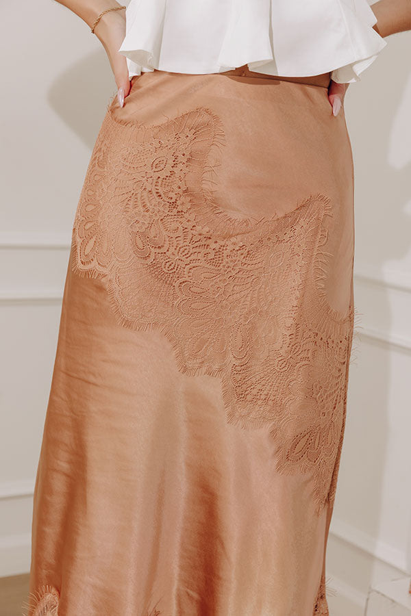 Feeling Luxurious High Waist Satin Lace Trim Midi Skirt