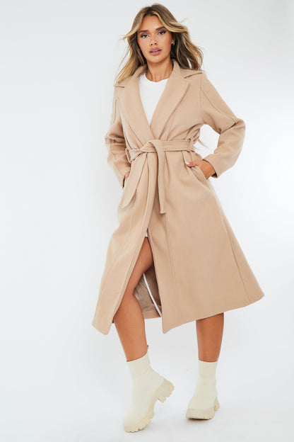 Beige Longline Belted Tailored Coat - Syma