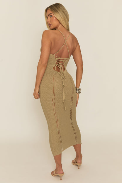 Beige Crochet Corset Detail Midaxi Dress - Marcee