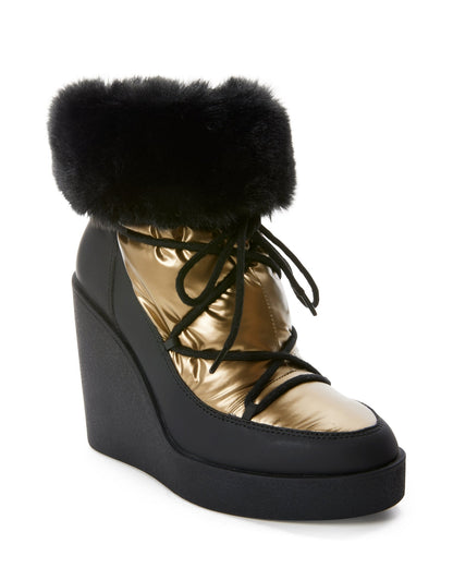Fur Trim Wedge Bootie Black/Gold
