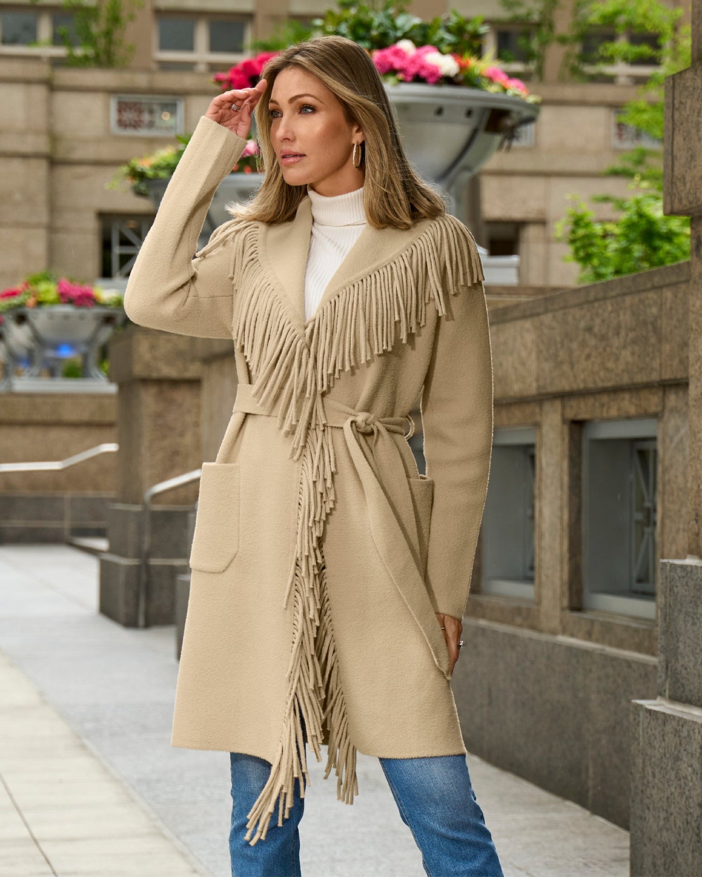 Fringe Tie Waist Coatigan Camel