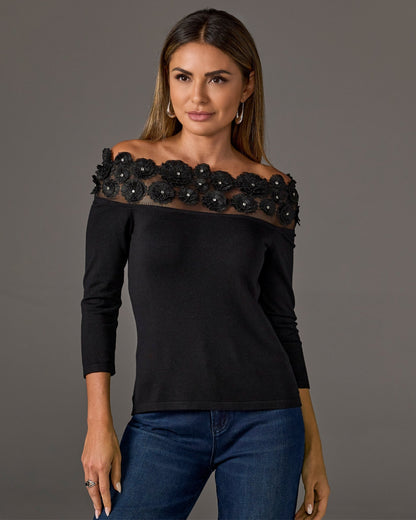 Floral Embellished Off the Shoulder Sweater Black