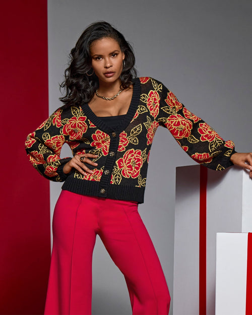 Floral Printed Button Up Cardigan Intarsia Rose