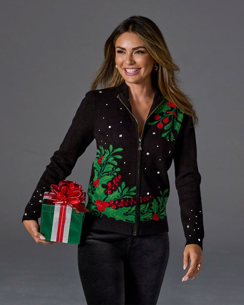 Embellished Mistletoe Zip Up Cardigan Black Multi