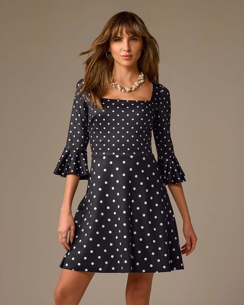 Flare Sleeve Square-Neck Dress Party Polka