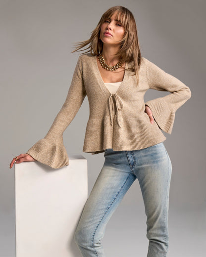 Flare Sleeve Tie Front Cardigan Sesame
