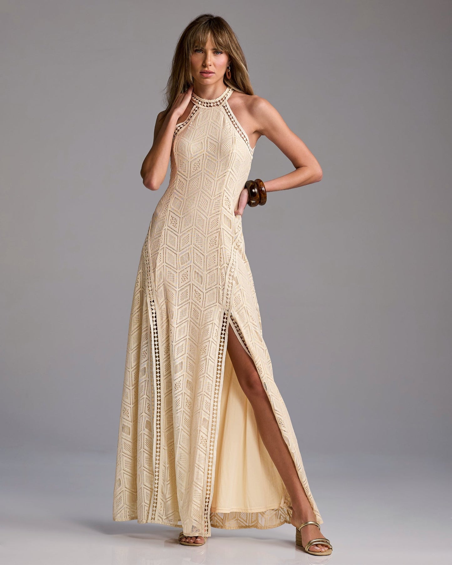 High Neck Pointelle Maxi Dress Tan/Off White