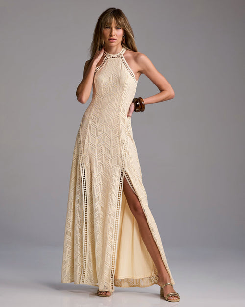 High Neck Pointelle Maxi Dress Tan/Off White