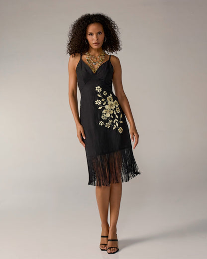 Embroidered Fringe Midi Dress Black/Gold