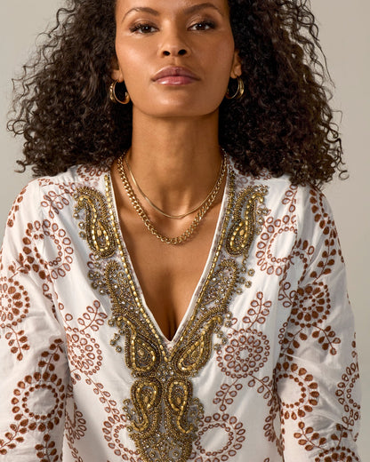 Embellished Scallop Eyelet Tunic Brown Multi