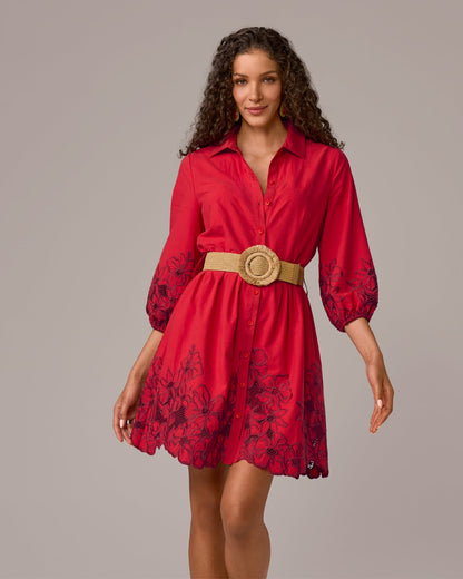 Floral Eyelet Detail Shirt Dress Tomato Red