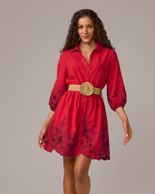 Floral Eyelet Detail Shirt Dress Tomato Red