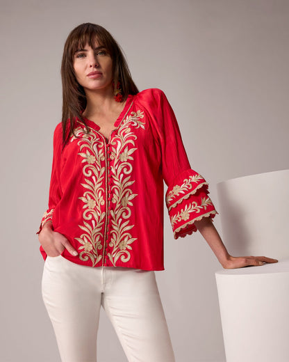 Embroidered Boho Ruffle Flare Sleeve Blouse Tomato Red