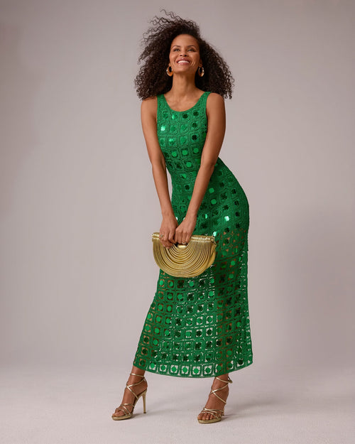 High Neck Crochet Mirror Maxi Dress Monaco Green