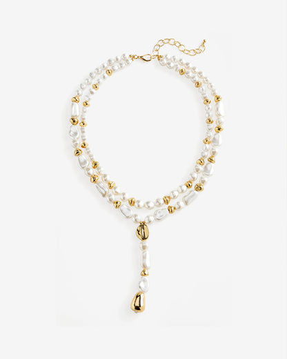 Double Strand Pearl Gold Bead Necklace Gold/White