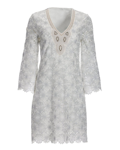 Embellished Metallic Floral Lace Tunic Dress White Silver