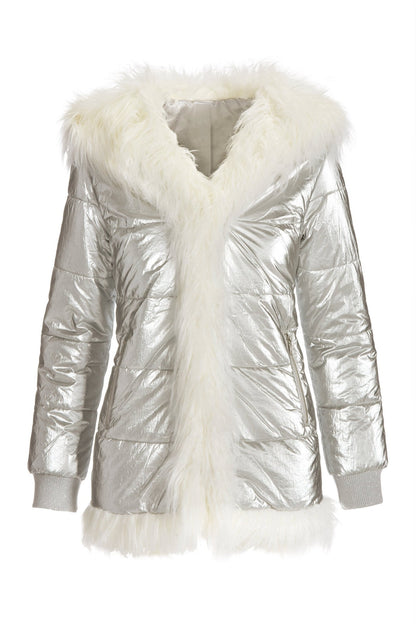 Hooded Metallic Faux Fur Puffer Coat Silver