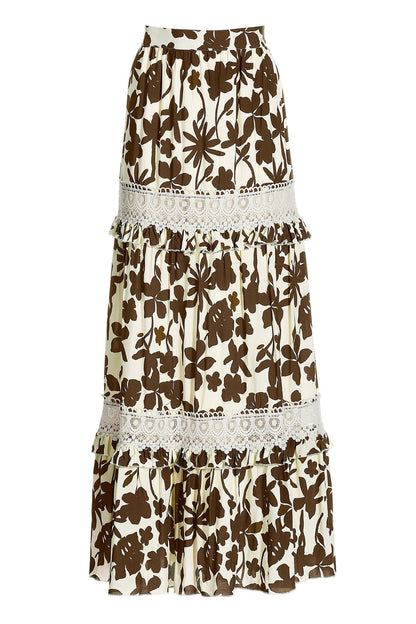 Floral Print Lace Tiered Maxi Skirt Cream/Brown