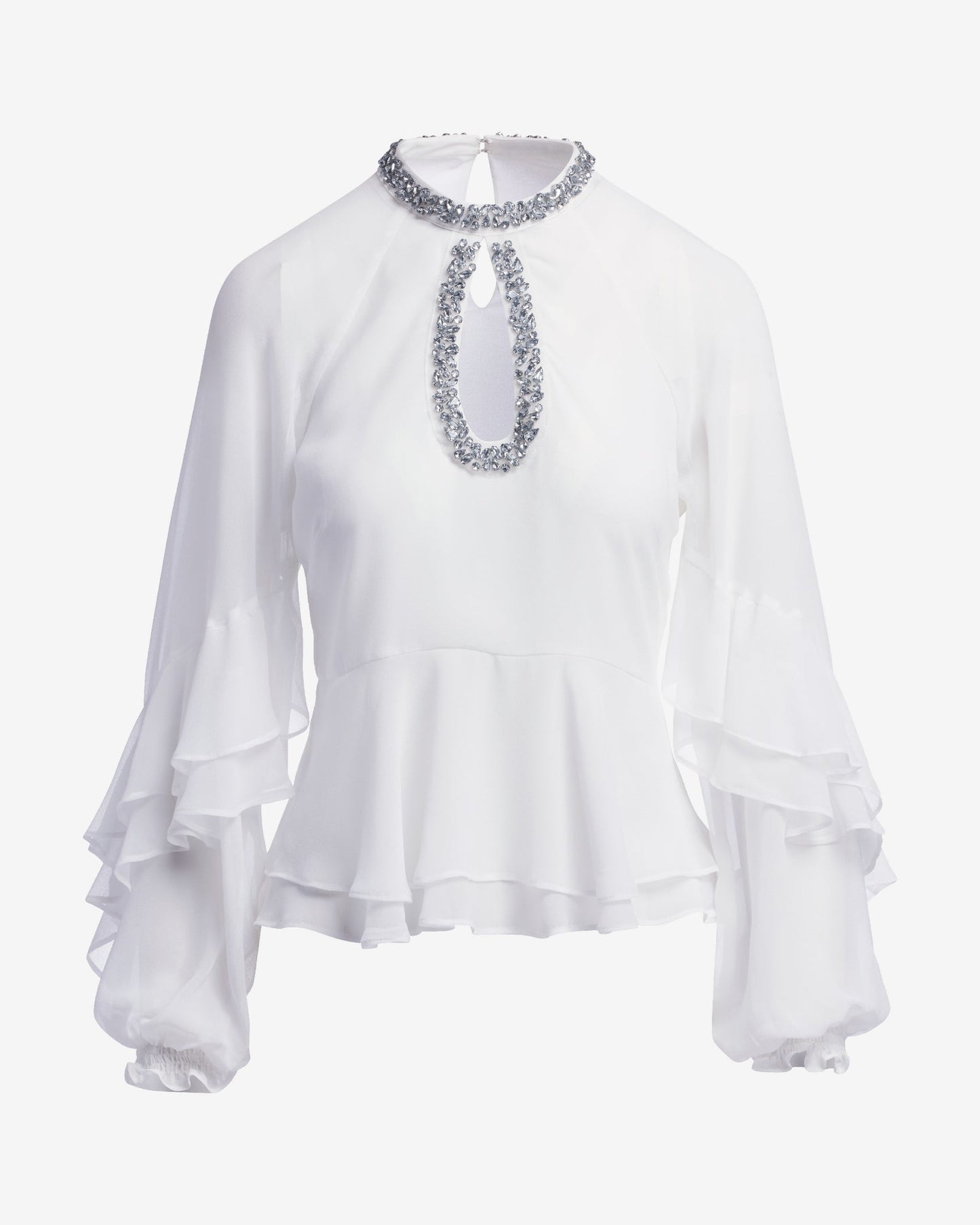 Embellished Keyhole Ruffle Blouse Off White