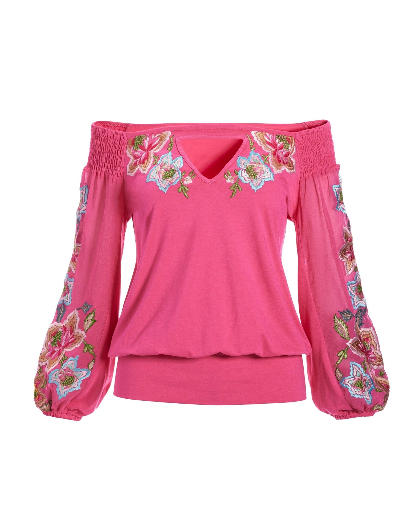 Embroidered Off-The-Shoulder Blouson Knit Top Pink Multi