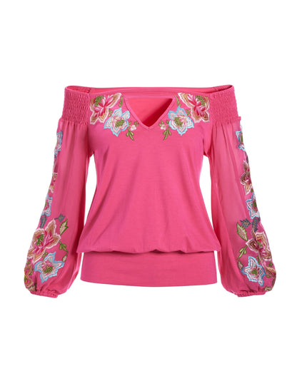 Embroidered Off-The-Shoulder Blouson Knit Top Pink Multi