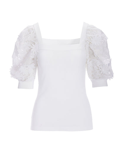 Floral Organza Sleeve Square Neck Sweater White