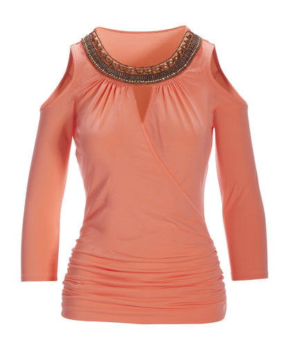 Embellished Trim Surplice Cold Shoulder Top Desert Flower