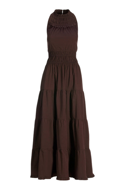 High Neck Poplin Maxi Safari Brown