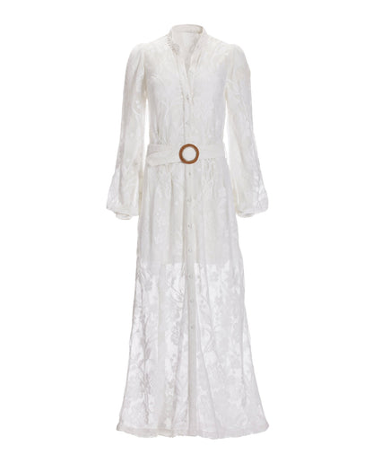 Lace Button Up Maxi Dress White