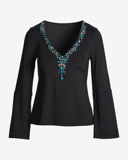 Embellished Trim V-Neck Long Sleeve Proper Black Multi