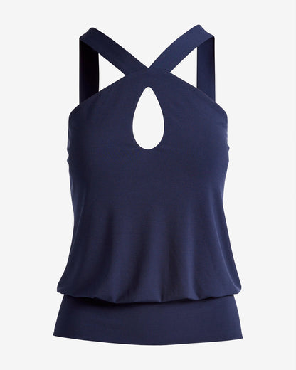 Keyhole Blouson Knit Top Navy