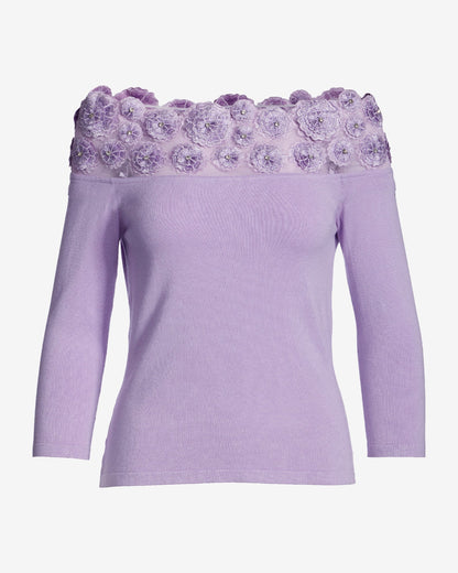 Floral Embellished Off the Shoulder Sweater Pastel Lilac