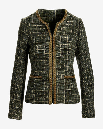 Gold Trim Collarless Tweed Jacket Olive Multi