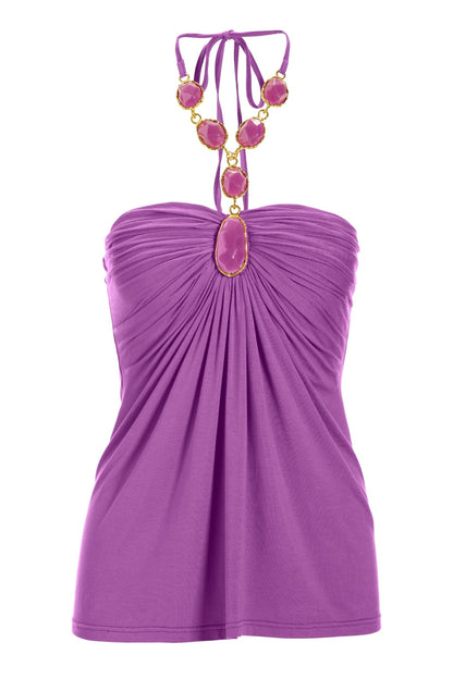 Embellished Trim Ruched Halter Iris Orchid