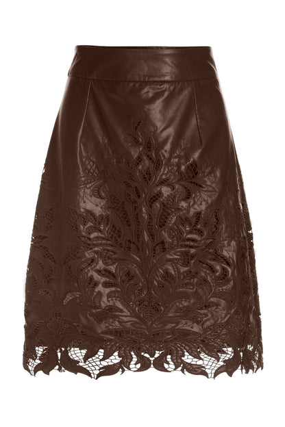 Embroidered Faux Leather and Lace Cut Out Skirt Chocolate