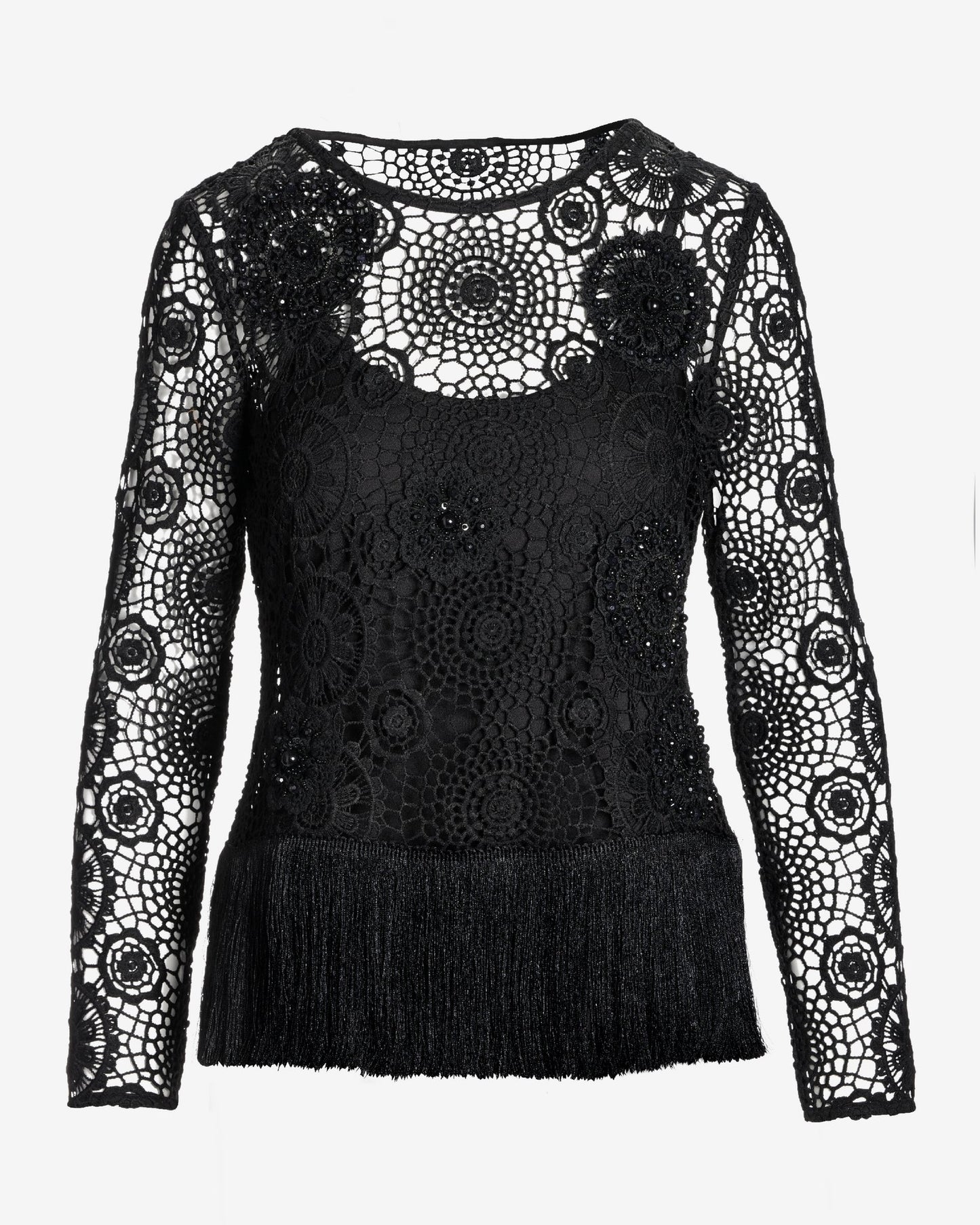 Embellished Crochet Fringe Pullover Black