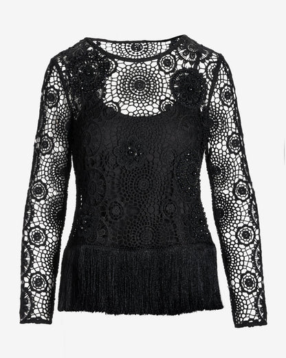 Embellished Crochet Fringe Pullover Black