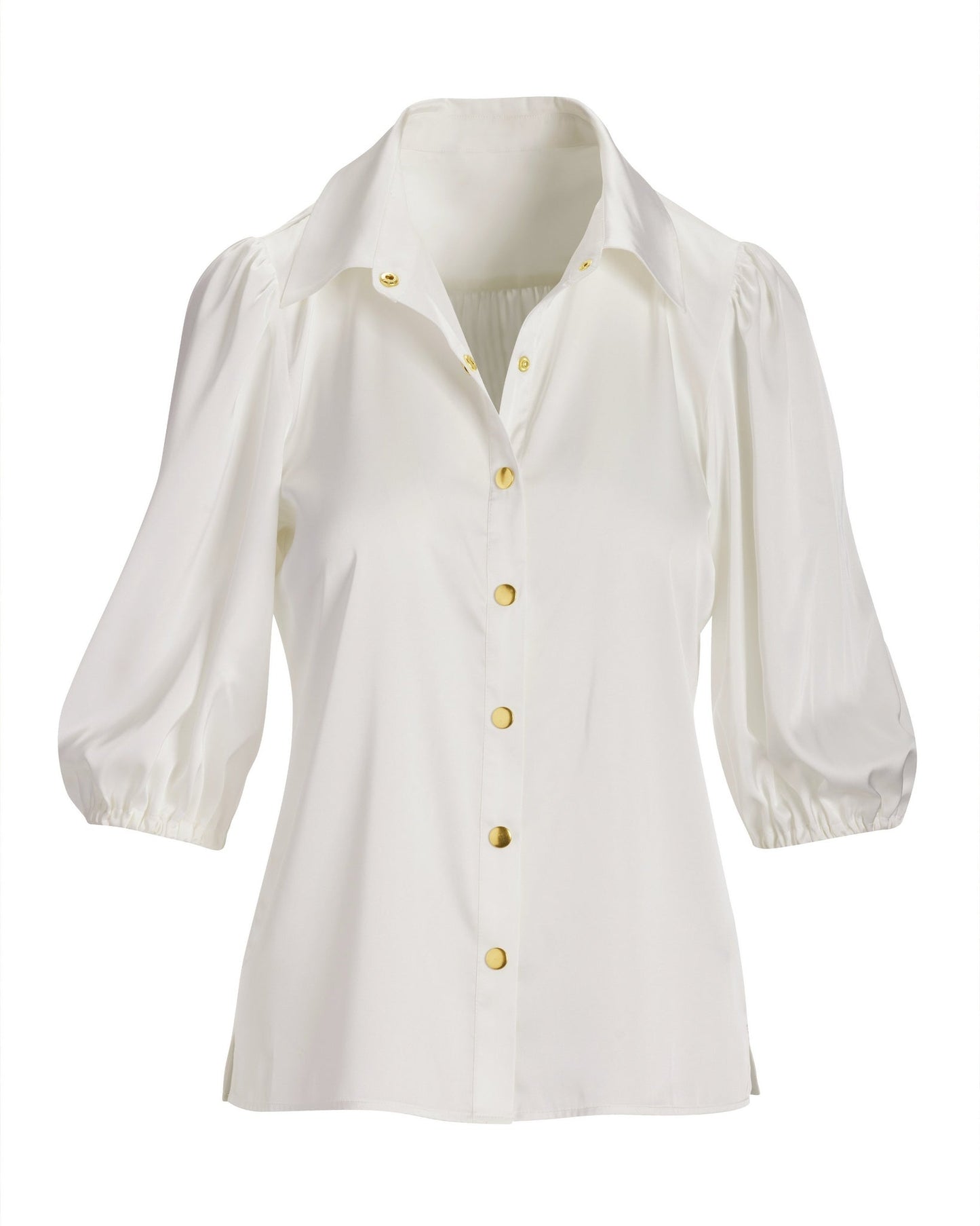 Gathered Sleeve Charmeuse Button Up Shirt Off White