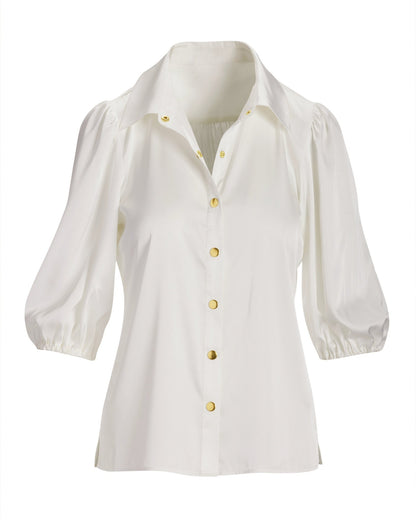 Gathered Sleeve Charmeuse Button Up Shirt Off White