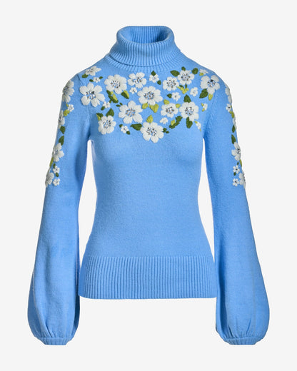 Flower Embroidered Turtleneck Sweater Blue Daze
