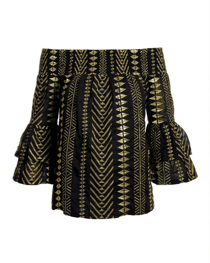 Gold Metallic Patterned Off the Shoulder Tiered Sleeve Blouse Black/Gold