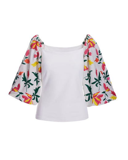 Embroidered-Sleeve Square-Neck Knit Top Multi
