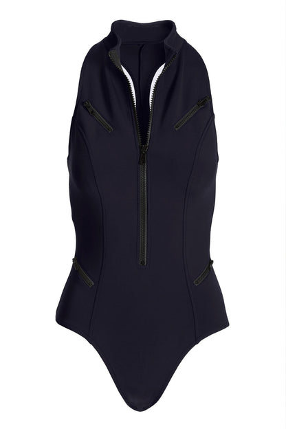 High Neck Zip Front Scuba One Piece Black